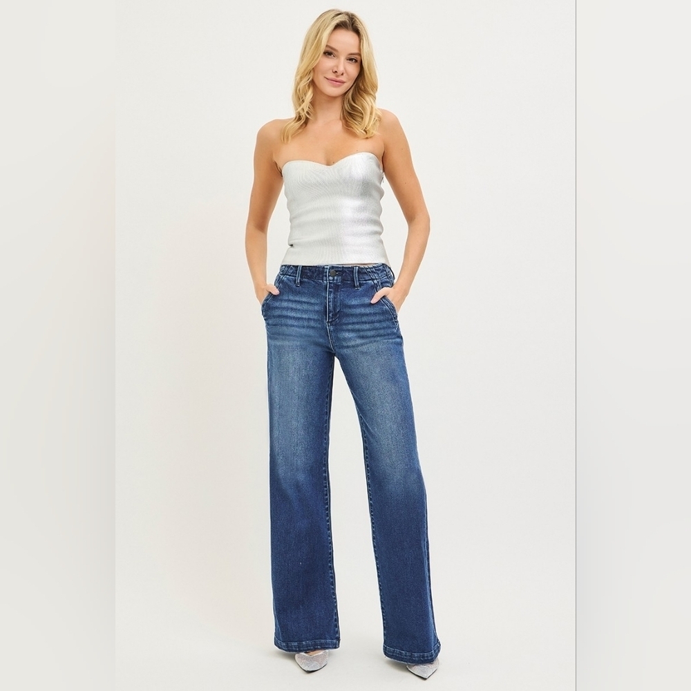 RISEN Dark Wash Wide Leg Jeans Pleated Slant Pocket Trouser Tailored Various NEW